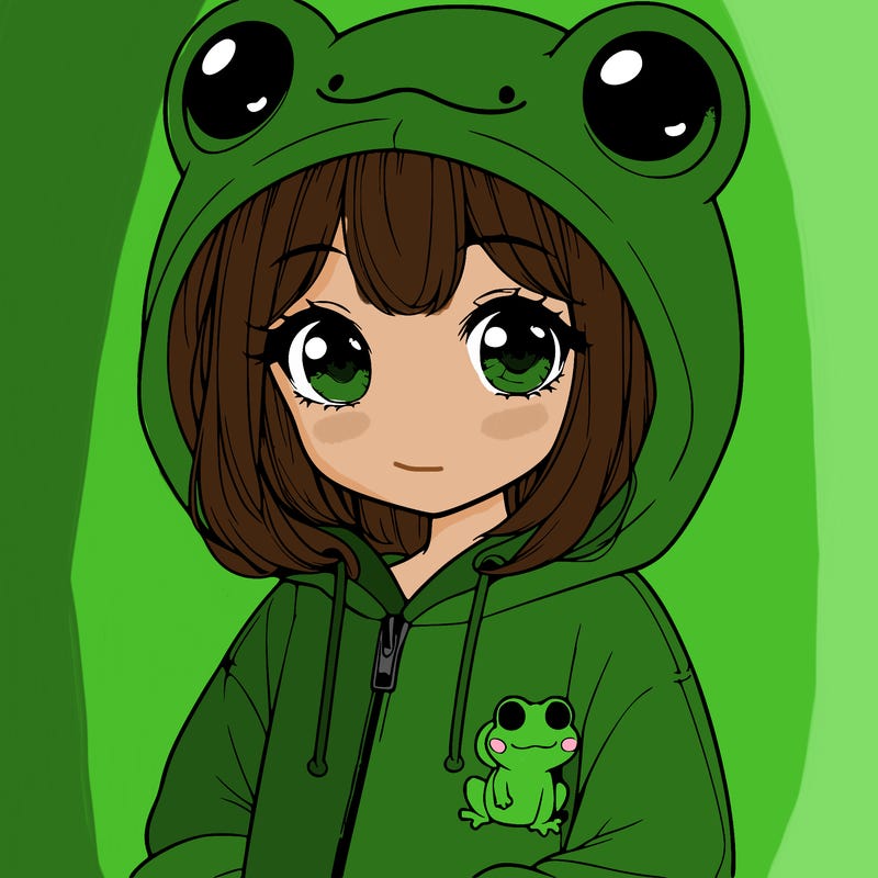 cute realistic girl in a froggy hoodie