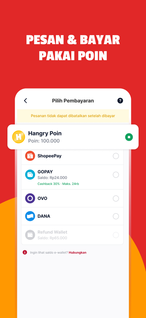 Pantalla de pago de la app Hangry mostrando varios métodos de pago, incluyendo puntos de fidelidad y billeteras digitales