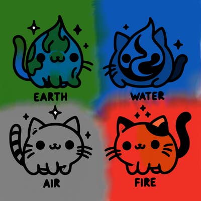 4 cats that represent the different elements, earth, water, air, and fire