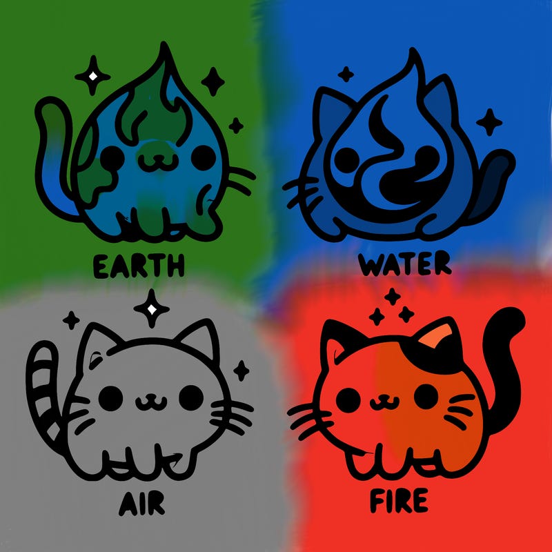 4 cats that represent the different elements, earth, water, air, and fire
