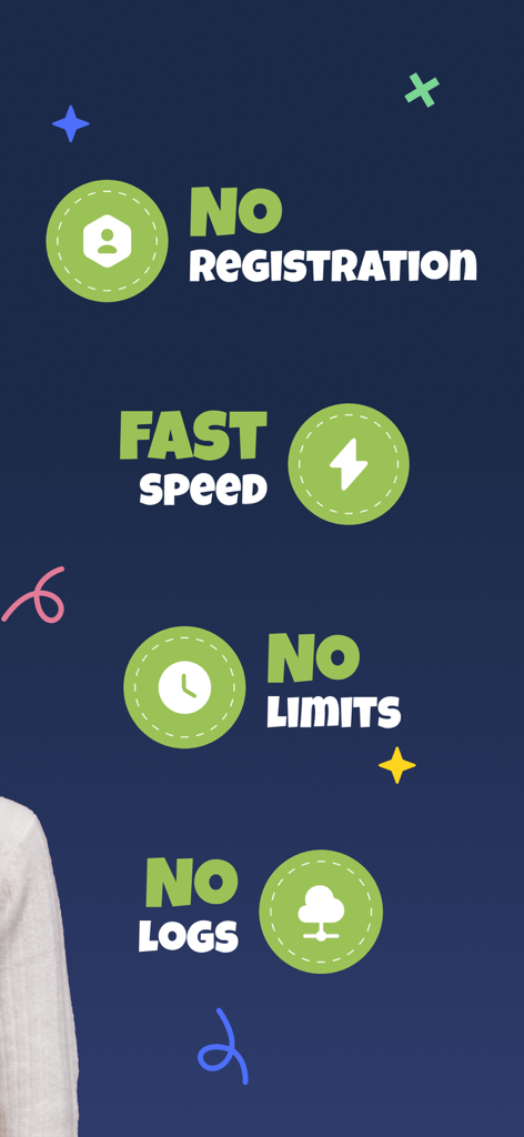 Graphic showing Germany VPN features including no registration, fast speed, no limits, and no logs policy.