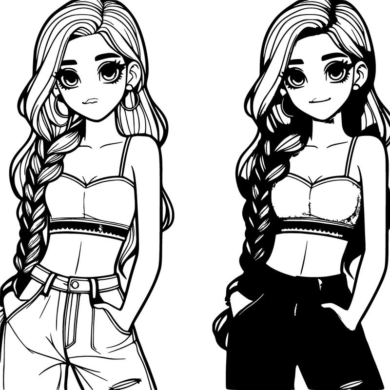 teenage girl in crop top  long braided hair and jeans posing