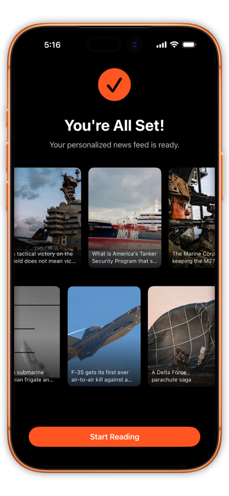 Sandboxx News - Sandboxx News app screen showing a personalized military news feed setup confirmation with a Start Reading button