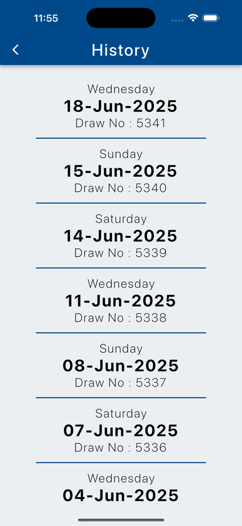 Singapore 4D Toto Results app history screen showing a list of past lottery draw dates and draw numbers.