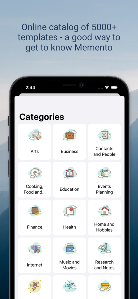 Memento Database - Smartphone screen showing Memento Database app template categories including Business, Finance, and Health.