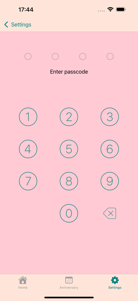 In Love: Days Counter Widget - Écran de saisie du code d'accès de sécurité pour l'application In Love avec un fond rose et un pavé numérique