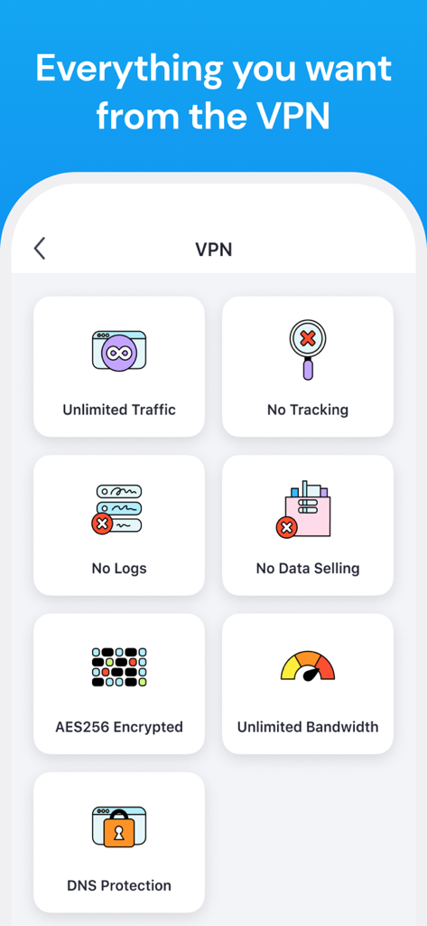 Aloha VPN - Aloha VPN app screen showing privacy features like no tracking no logs and aes256 encryption
