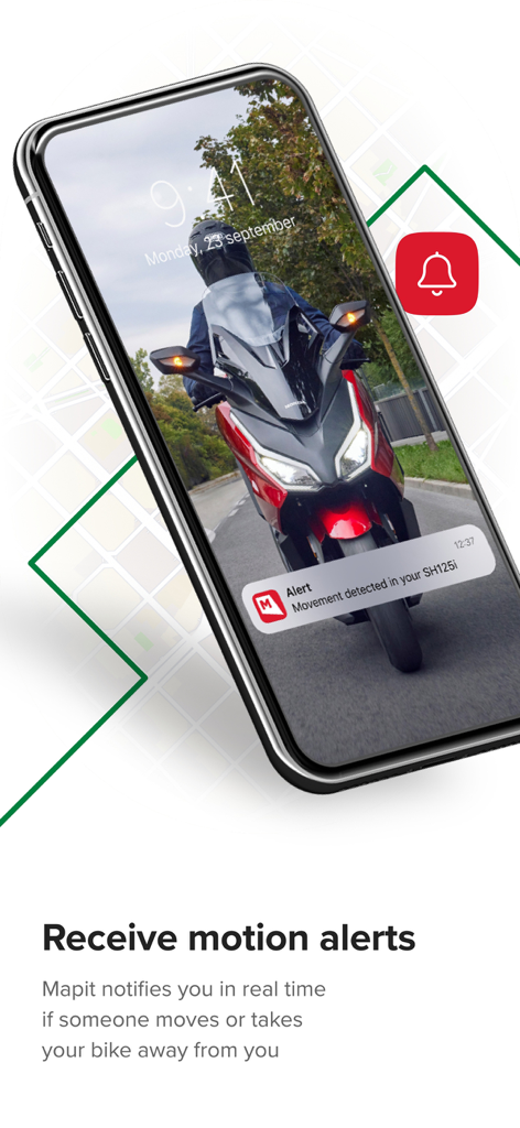 A smartphone displaying a real-time movement alert notification for a Honda motorcycle from the Mapit app.