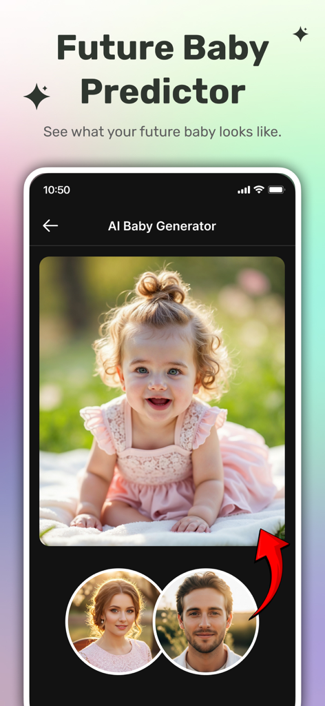 50+ AI Design Tools: MagicShot - MagicShot App-Oberfläche zeigt das Tool Future Baby Predictor, das Fotos eines Paares kombiniert, um ein Babybild zu generieren.