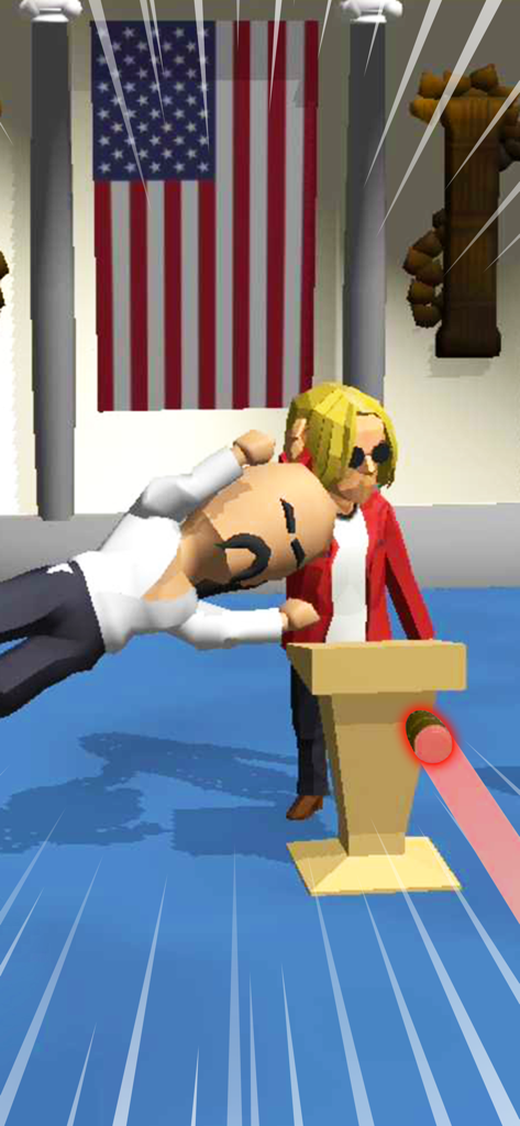 A 3D secret service bodyguard jumping to block a bullet for a VIP at a podium with a US flag background.