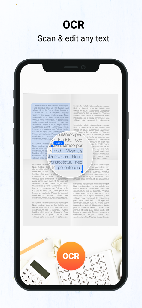 Interfaz de la aplicación Mobile OCR scanner que muestra el reconocimiento y la edición de texto en un iPhone