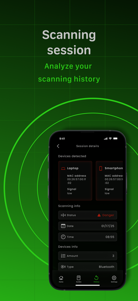 A mobile interface for the Detection Monitor app showing a detailed scanning session history with detected devices and a security alert status.