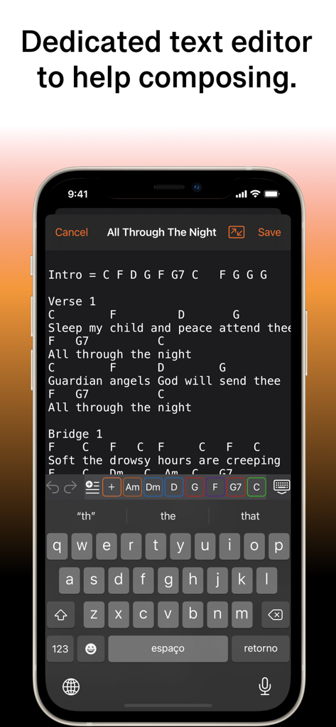 Interfaz de la aplicación SongFolio con un editor de texto dedicado para componer canciones con acordes y letras