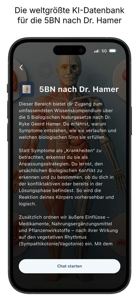NEXIQA - Smartphone displaying the NEXIQA app interface with a human anatomy background and information about biological laws