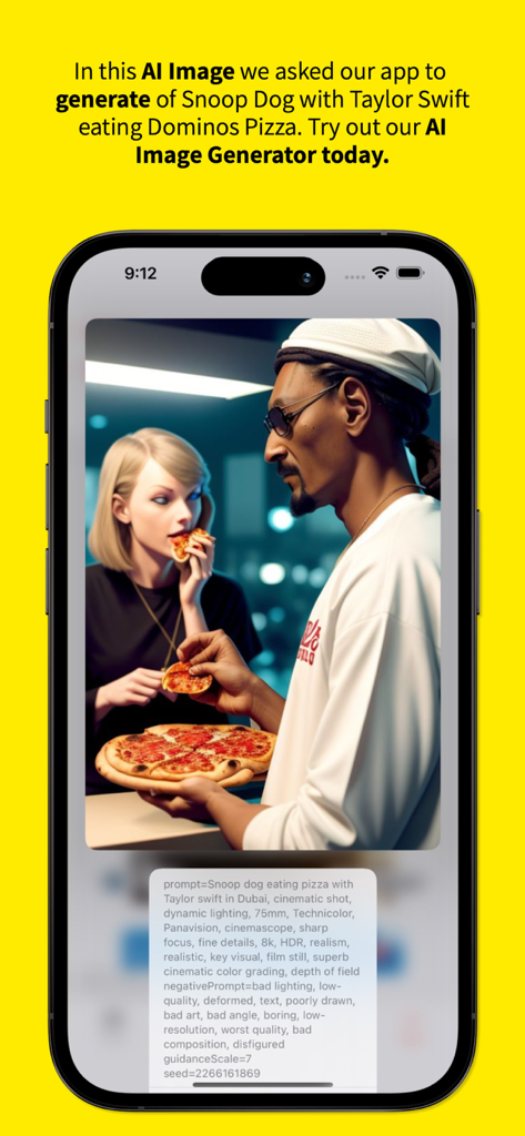 KI-generiertes Bild von Snoop Dogg und Taylor Swift, die Pizza essen, innerhalb der Coupons für Dominos App-Oberfläche