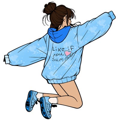 realistic girl jumping with a bun and oversized sweatshirt