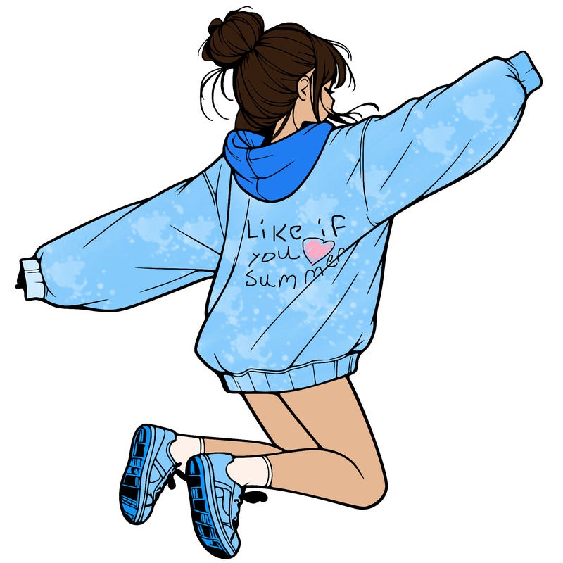 realistic girl jumping with a bun and oversized sweatshirt