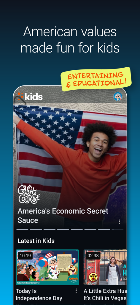 Interface de l'application PragerU montrant la section enfants avec des vidéos éducatives sur les valeurs américaines et l'économie