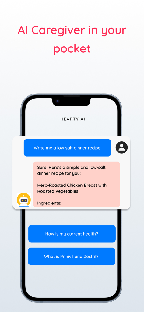 Hearty - Heart Health Monitor - Screenshot of Hearty app showcasing an AI caregiver chatbot providing low salt recipes and health information on an iPhone.