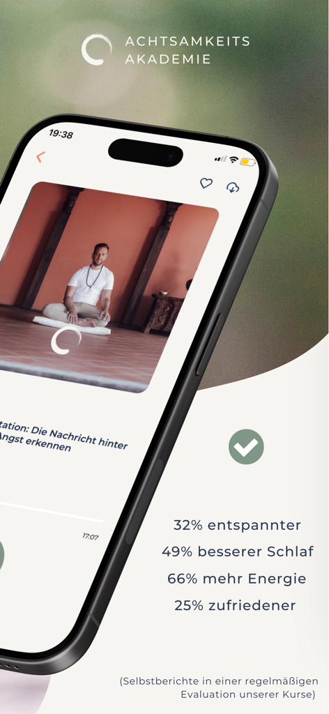 Achtsamkeitsakademie - Achtsamkeitsakademie App-Oberfläche, die eine Meditationssitzung und Statistiken zu Schlaf- und Energieverbesserungen zeigt