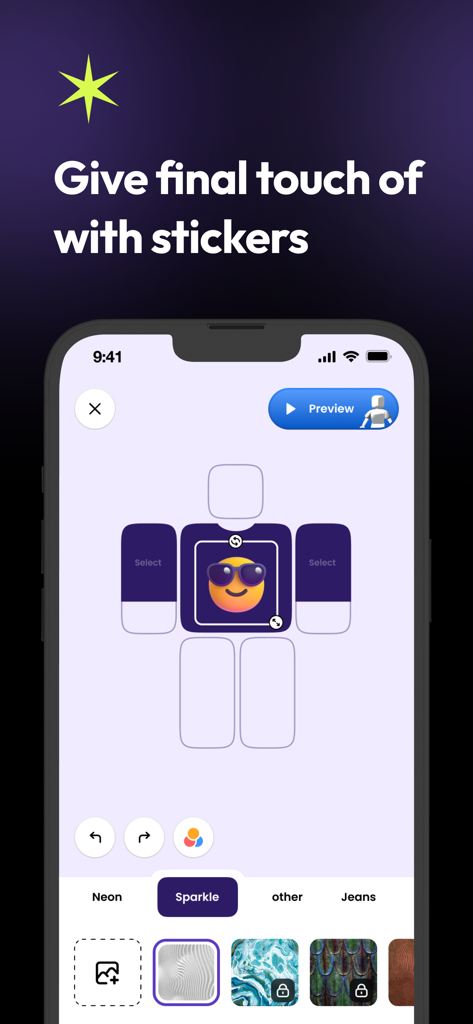 Skins Maker for RBLX - Uma interface móvel para adicionar adesivos e texturas a designs de personagens Roblox personalizados