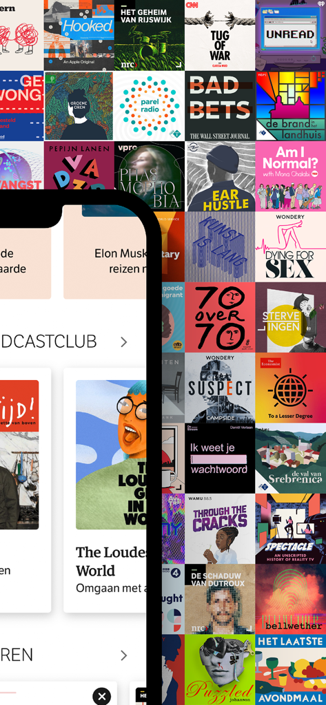 Interfaz de la aplicación NRC Audio con recomendaciones de podcasts curados y un collage de portadas de podcasts diversas