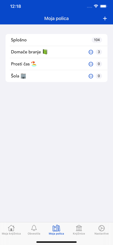 mCOBISS - mCOBISS mobile app screen displaying personal book categories on My Shelf