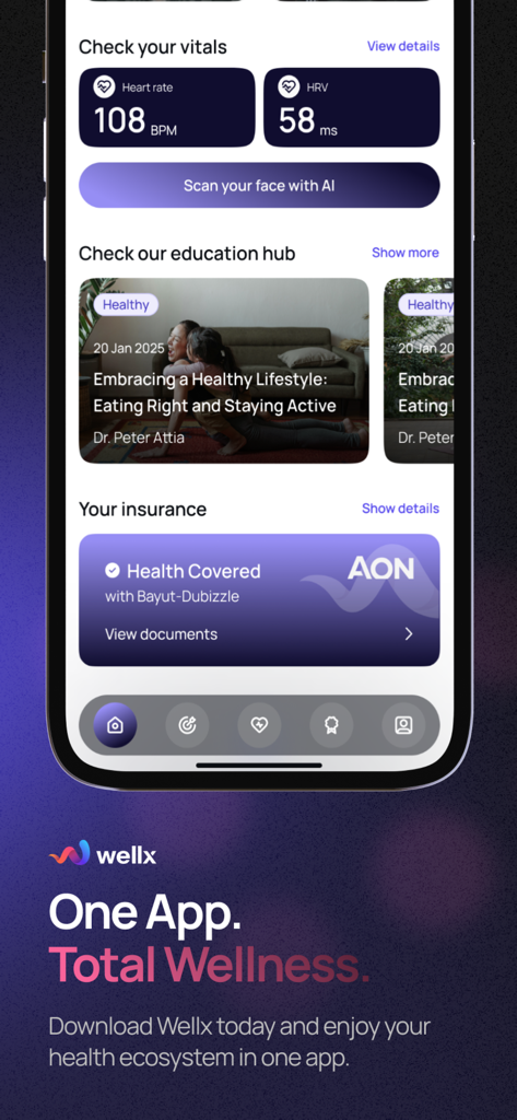 Wellx.ai - Wellx.ai app interface showing vitals tracking, health education hub, and insurance policy details.