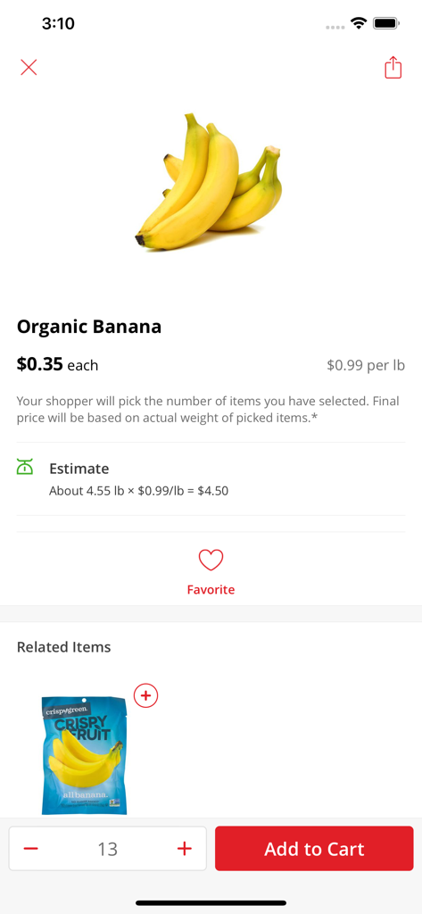 Fairway Market Delivery app interface showing organic banana product page with pricing and add to cart button
