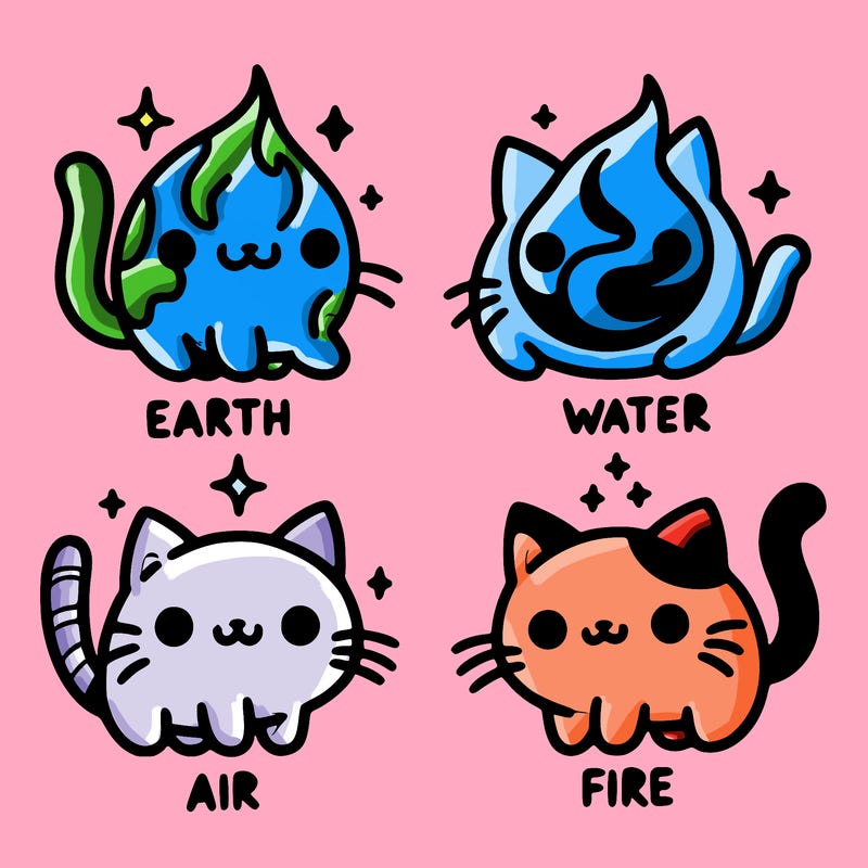 4 cats that represent the different elements, earth, water, air, and fire
