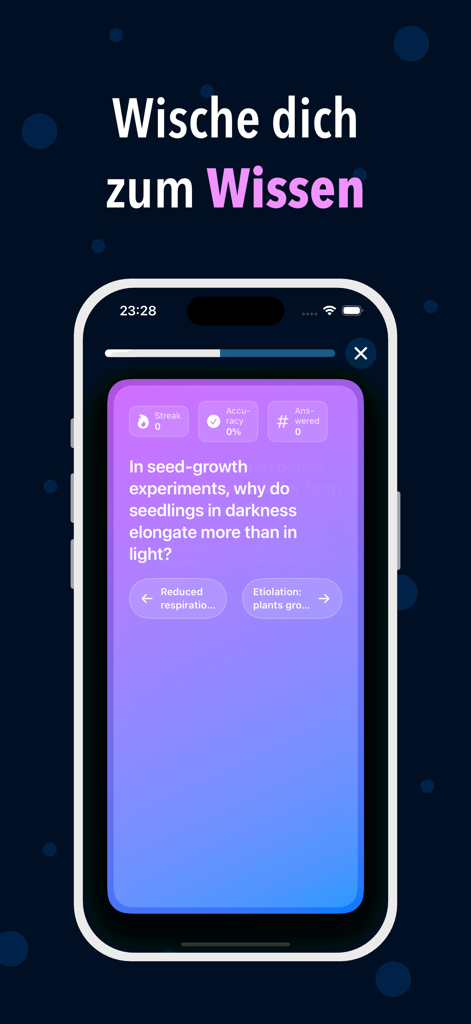 Smartphone screen showing an interactive flashcard quiz interface in the AR-Physics app with a question about seed growth.