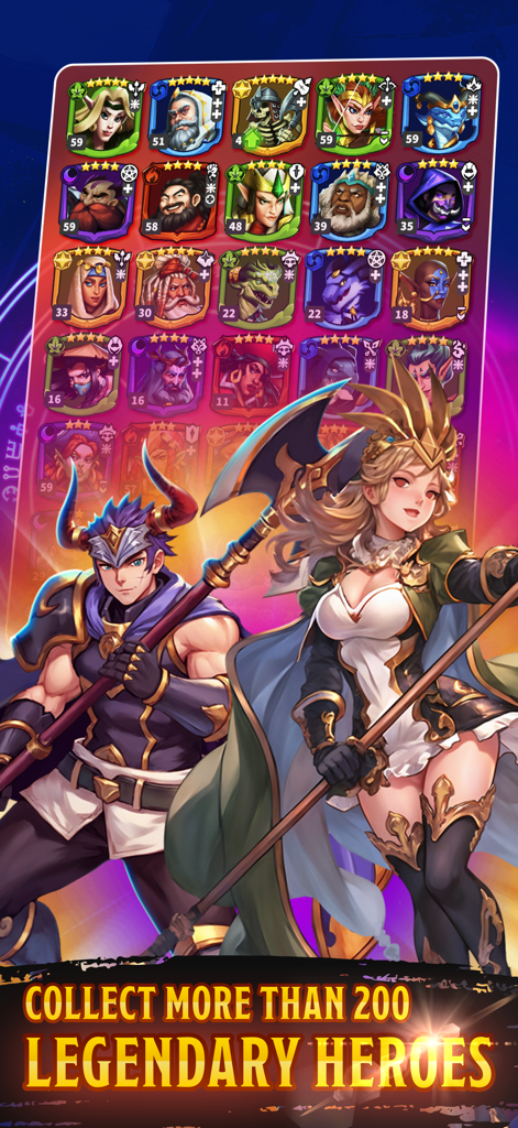 Friends & Dragons - Puzzle RPG - Display of diverse legendary hero portraits in the Friends and Dragons RPG mobile game