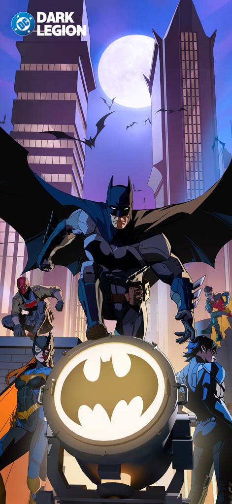 DC: Dark Legion™ - Batman y la Batifamilia reunidos alrededor de la Batiseñal en Ciudad Gótica