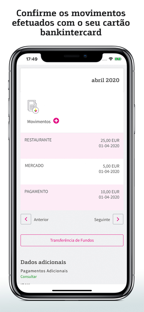 bankintercard Portugal - Transaction history screen in the bankintercard Portugal app showing card movements and fund transfers