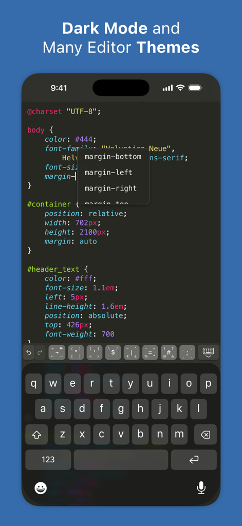 Textastic Code Editor - Textastic Code Editor interface on iPhone showing CSS code and autocomplete in dark mode