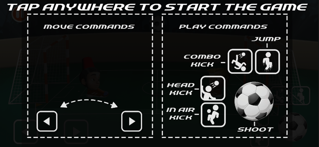 Head Soccer-Play Football - Pantalla de tutorial que muestra los comandos de movimiento y juego para el juego móvil Head Soccer.