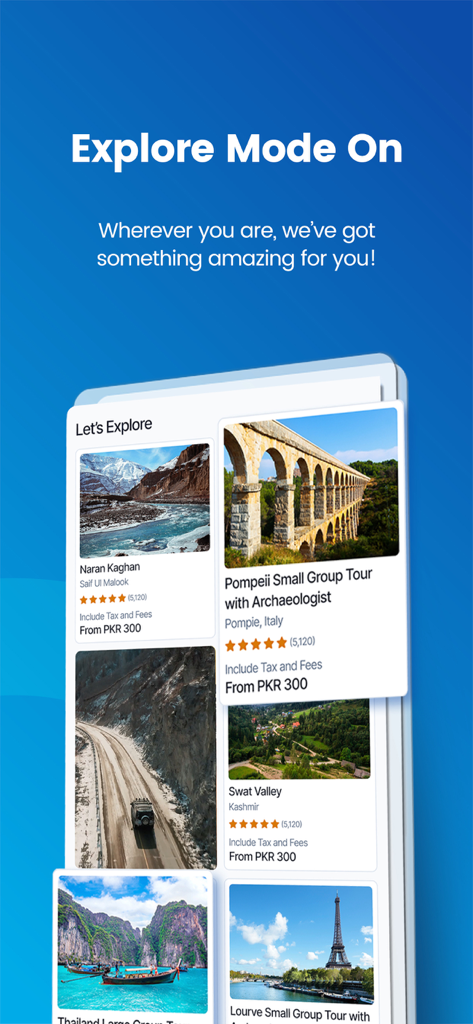 Bookme – Travel & Experiences - Bookme app screen displaying various travel experiences and tours in Explore Mode