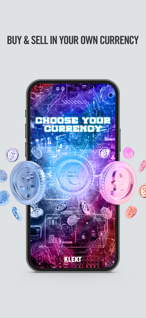 Écran de l'application mobile KLEKT montrant des options pour acheter et vendre des baskets dans différentes devises, y compris les Dollars, les Euros et les Livres.