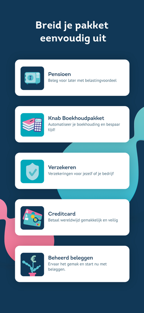 Knab Bankieren - Mobile app interface of Knab Bankieren showing additional features like pension planning, accounting tools, insurance, credit cards, and managed investing.