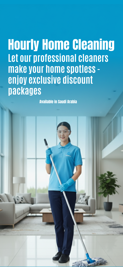 CleanLine - Professional cleaner in a blue uniform holding a mop in a modern living room for CleanLine services