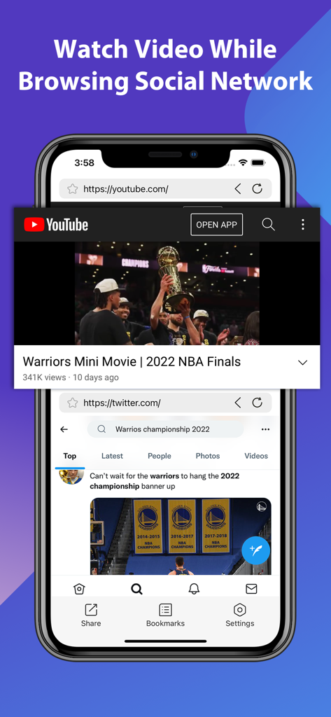 iPhoneでYouTube動画とTwitterフィードを同時に表示するスプリットスクリーンのビュー