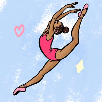 gymnast doing a leap in a leotard with a bent back leg