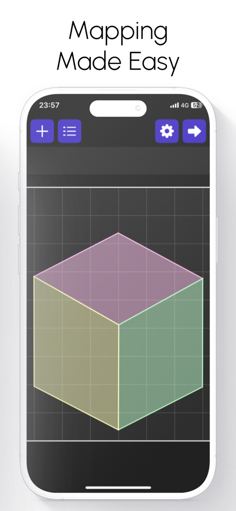 Lazy Lighting - Lazy Lightingアプリのインターフェース。プロジェクションマッピングを容易にするための3DキューブグリッドがiPhoneに表示されている。