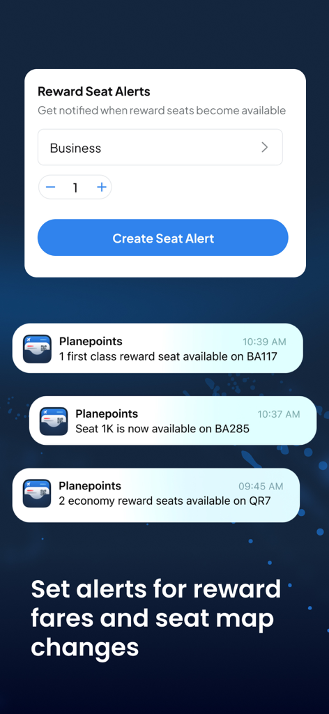 Mobile screen showing the Planepoints app interface for setting reward seat alerts and examples of push notifications for available flight seats.