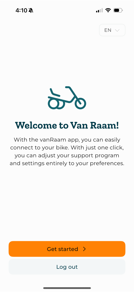 Schermata di benvenuto dell'app E-Bike Van Raam con un'icona di triciclo e un pulsante Inizia