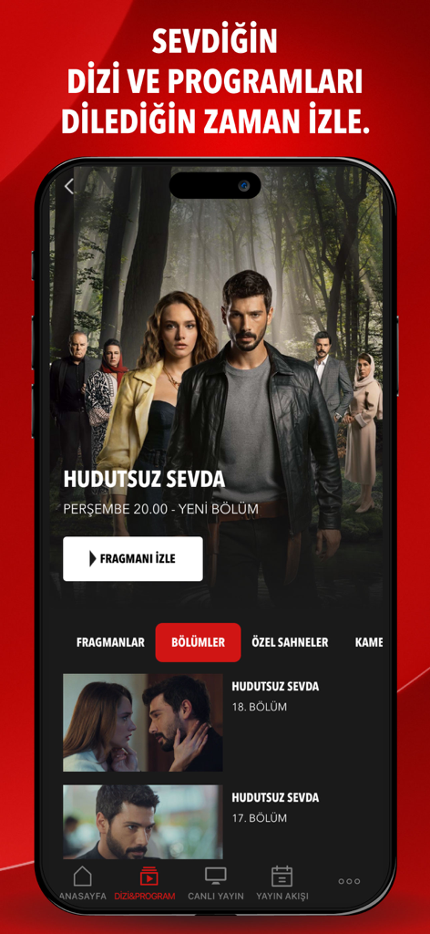 iPhone screenshot of NOW Türkiye app displaying the Hudutsuz Sevda series page with episode list and trailer options