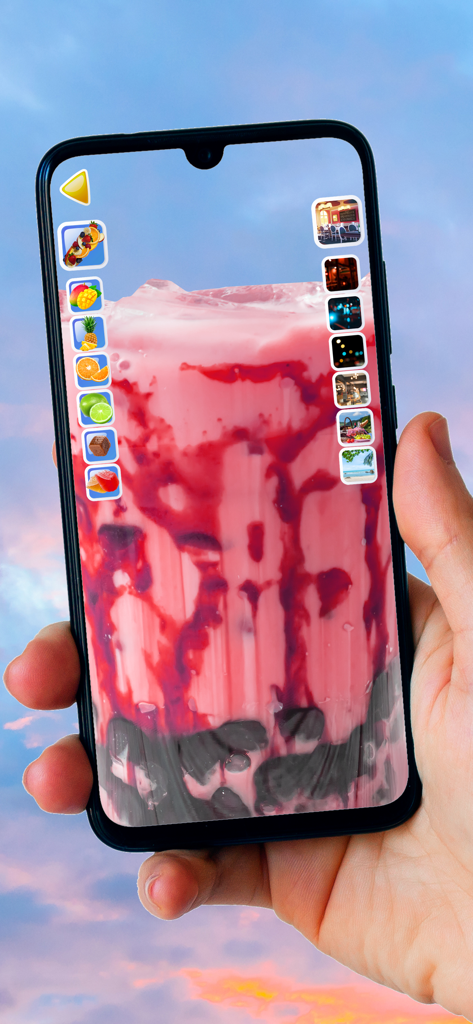 Boba Recipe DIY: Bubble Tea - A hand holding a smartphone displaying a virtual pink strawberry bubble tea with black boba pearls and fruit topping icons.