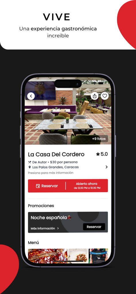 Interfaccia dell'app Reservado che mostra il profilo di un ristorante per prenotare un tavolo a Caracas
