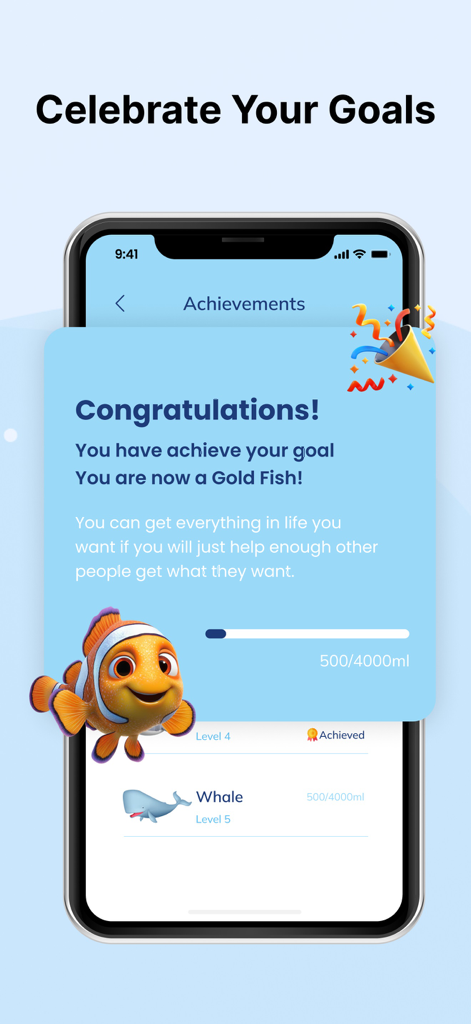 Drink Water Reminder & intake - Una pantalla de celebración en una aplicación de seguimiento de agua que muestra un mensaje de finalización de objetivo y un lindo personaje de pez.