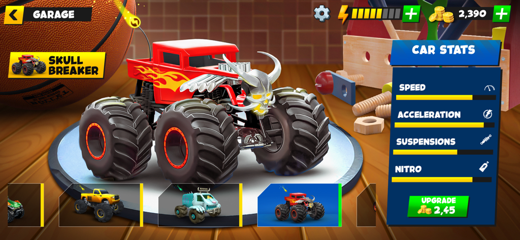 Buggy Racing Games (RaceOff2) - Monster truck customization screen in Buggy Racing Games RaceOff2 showing Skull Breaker vehicle stats and upgrade options